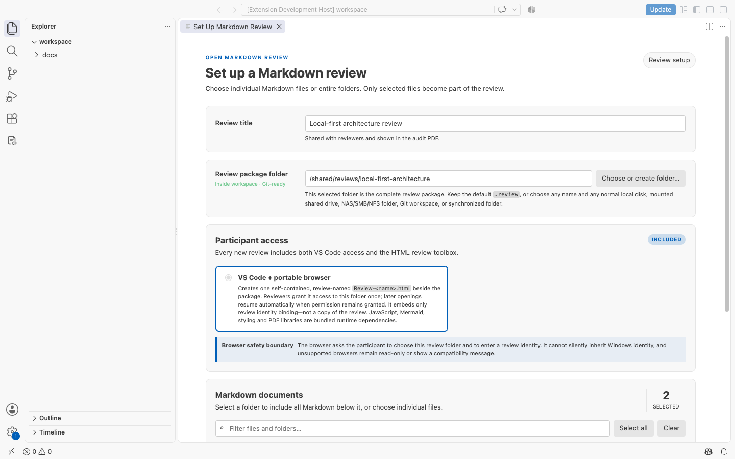 Open Markdown Review setup in a light VS Code theme, showing review title, package folder, portable browser access, and two selected Markdown documents.